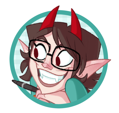 A drawing of Beelzy, a brunette with glasses and red devil horns, smiling maniacally.